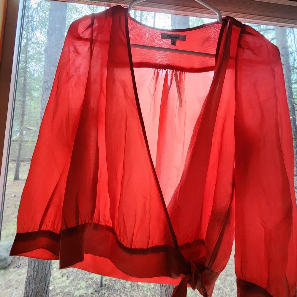 Madewell Silk Wrap Top Women's Coral 3/4 Sleeve Tie Waist Blouse Size XS